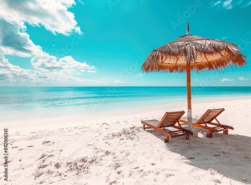 Beautiful tropical beach with bamboo lounge chairs and straw umbrella on white sand under a blue sky.