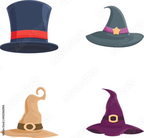 Magician hat icons set cartoon vector. Old magician or sorceress hat. Halloween party