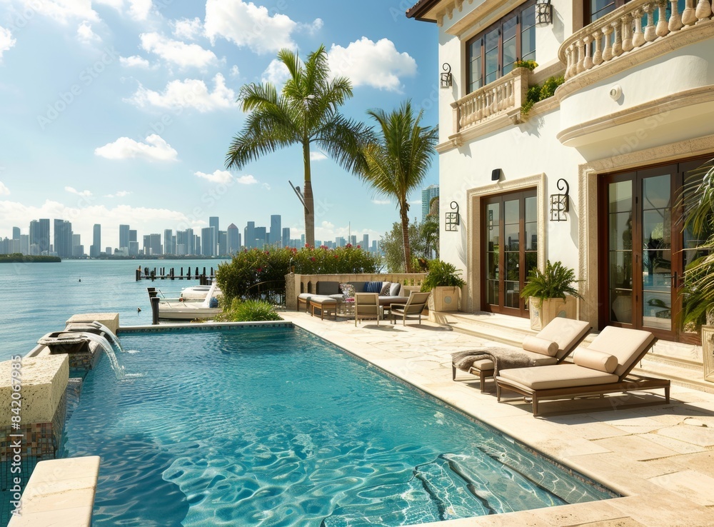Fototapeta premium Beautiful view of the Miami city skyline from the pool and back patio area of an opulent house in the Renaissance style with white walls