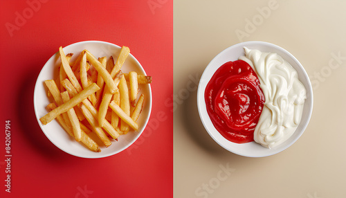 Collage of tasty french fries with ketchup and mayonnaise on col
