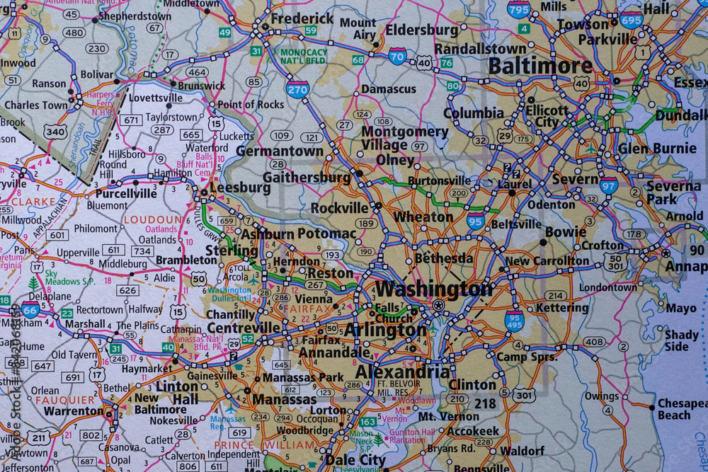 Road map of Maryland showing the area between Baltimore and Washington, DC Stock Photo Adobe Stock