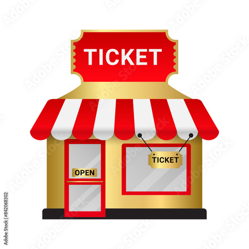 Golden ticket counter or ticket office box selling coupons and pass illustration isolated on white background