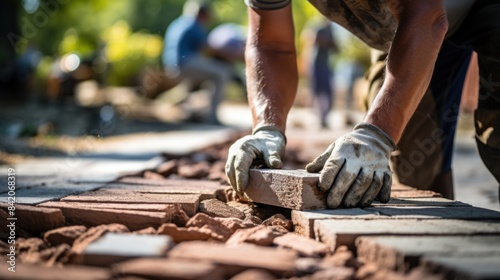 A man is laying bricks on a brick wall photo