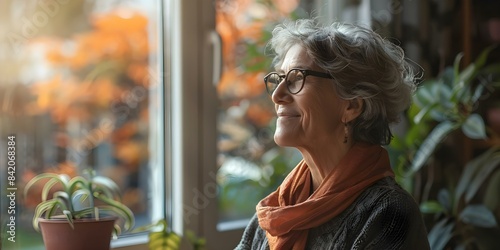 A person in their 50s finding joy in gazing out the window at home. Concept Joyful Moments, Gazing Out of Window, Relaxing at Home, Inner Peace, Contentment