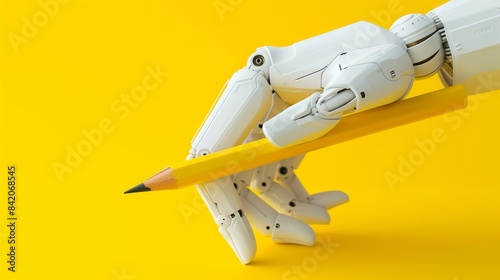 Robot hand holding a pencil against yellow background. Futuristic concept, human-robot interaction