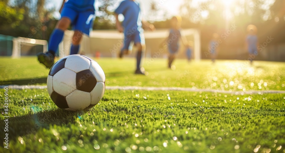 Close up of a young boy soccer player kicking a ball on a green field with a blurred team. Close up of a young boy soccer player kicking a ball on a green field with a blurred team.