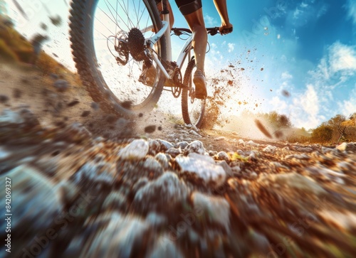 Close up of cyclist on mountain bike in the nature, low angle view. sunset light.