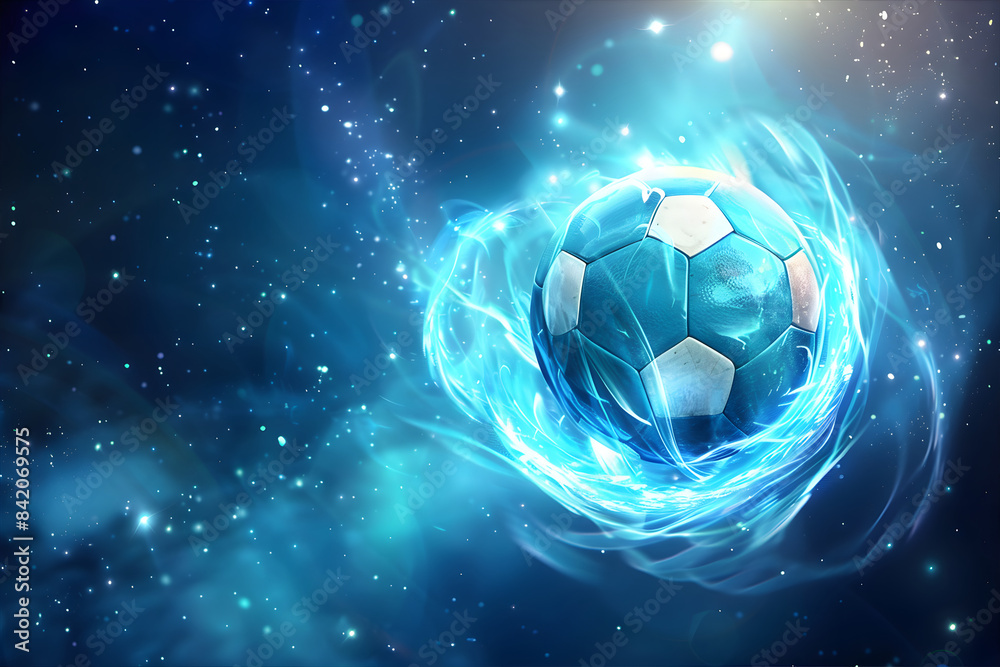 Naklejka premium Soccer ball on the dark background with neon glowing effect. Soccer ball glowing with energy. Soccer Championship banner with copy space. 