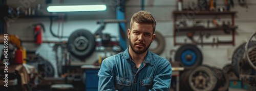Bearded man in a blue denim shirt standing in a garage with a serious look on his face. photo