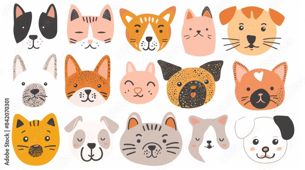Flat Vector illustration of cute cat. Collection sets