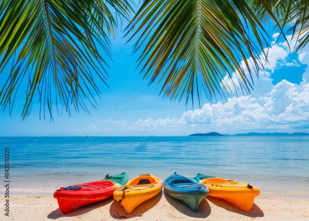 Colorful kayaks on the beach in Thailand, a tropical island with palm trees and a clear blue sky background. Colorful kayaks on the beach in Thailand, a tropical island with palm trees and a clear blue sky background.