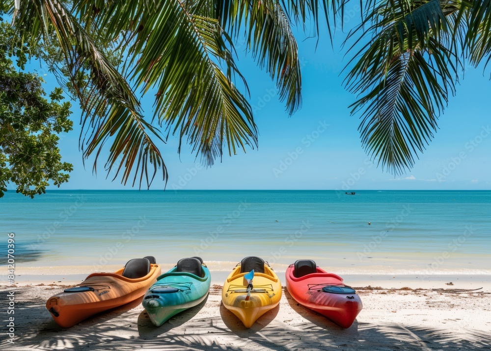 Colorful kayaks on the beach in Thailand, a tropical island with palm trees and a clear blue sky background. Colorful kayaks on the beach in Thailand, a tropical island with palm trees and a clear blue sky background.