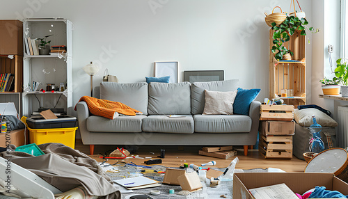 Sofa with shelving unit and drawers in messy dining room