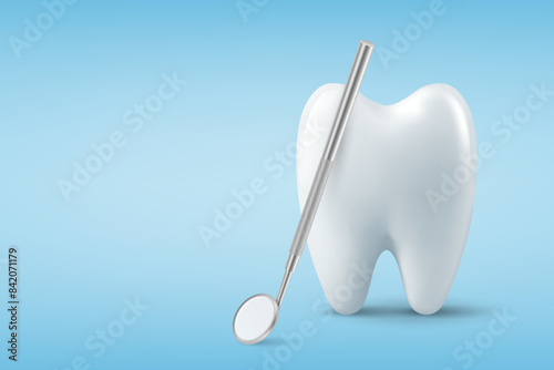 Dental Inspection Banner, Poster. Vector 3d Realistic Dentist Mirror for Teeth with Tooth Icon Closeup on Blue Background. Medical Dentist Tool. Design Template. Dental Health Concept