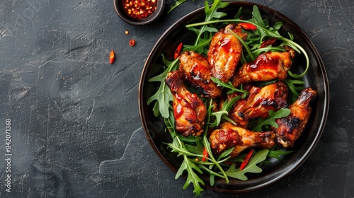 Top view of arugula topped plate showcasing baked chicken wings drizzled with sweet chili sauce on a dark background with space for text