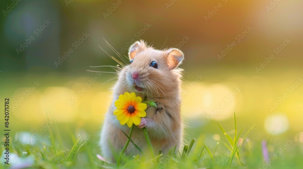 Lovely cute hamster on lawn with beautiful flowers