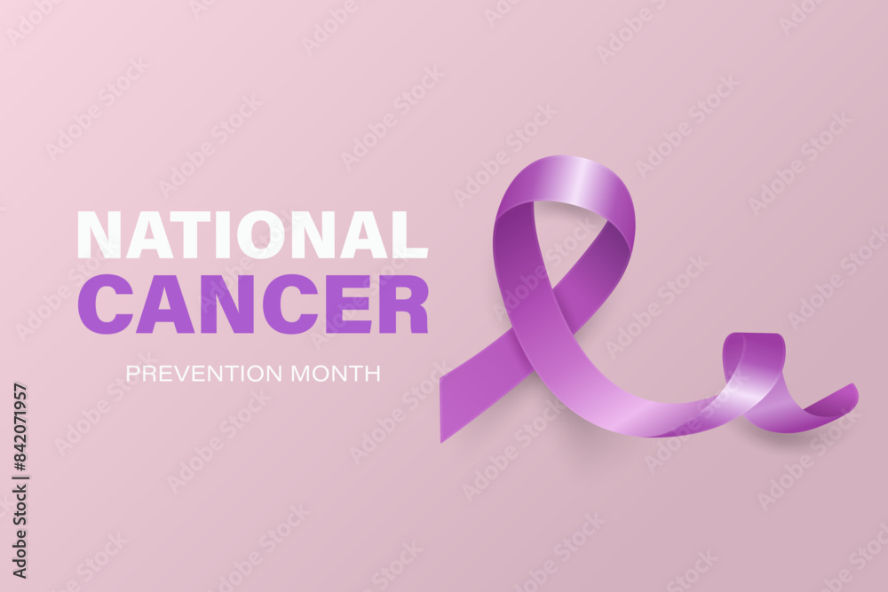 National Cancer Prevention Month, February. Banner, Card, Placard with Realistic 3D Vector Lavender Ribbon on Lavender Background. Cancer Awareness Month Symbol, Closeup. World Cancer Day Concept National Cancer Prevention Month, February. Banner, Card, Placard with Realistic 3D Vector Lavender Ribbon on Lavender Background. Cancer Awareness Month Symbol, Closeup. World Cancer Day Concept