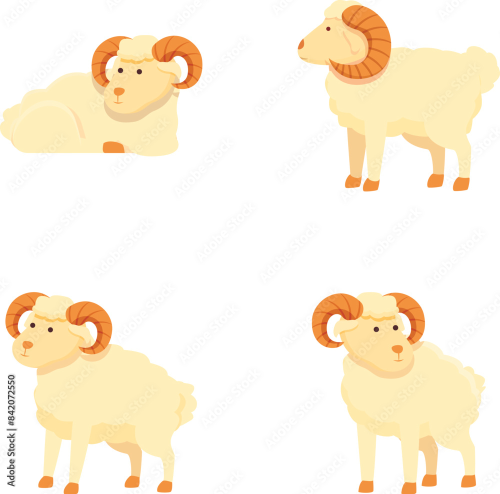 Obraz premium Adorable cartoon rams collection set with cute animal characters. Farm livestock and woolly sheep illustrations in vector clipart. Perfect for preschool education. Children's storybooks