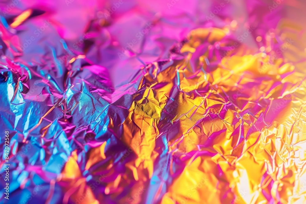 Close up of crumpled iridescent foil with pink, yellow, and blue highlights Close up of crumpled iridescent foil with pink, yellow, and blue highlights