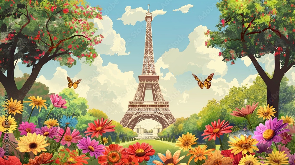 Eiffel Tower amidst colorful flowers and butterflies, set against a bright blue sky and lush greenery. Eiffel Tower amidst colorful flowers and butterflies, set against a bright blue sky and lush greenery.