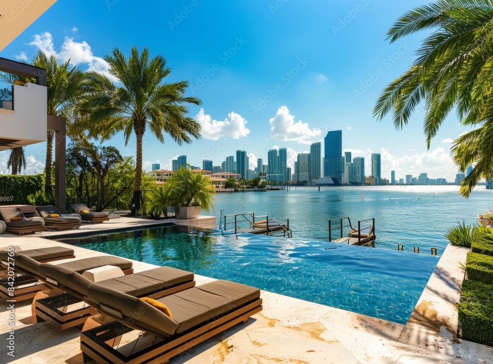 Obraz premium Luxurious Miami home with pool and view of the city skyline, in the background is Bayside Beach with boats docked.