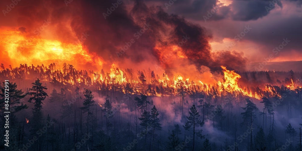 Heavy fire engulfing the forest at dusk