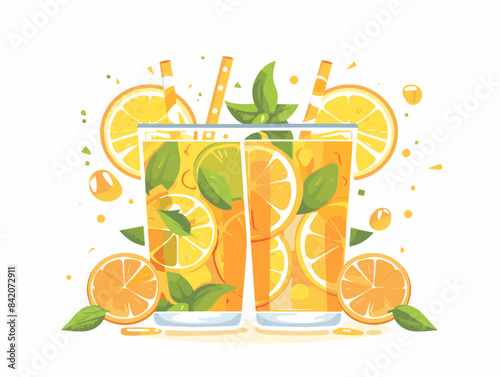 Two glasses of orange juice with a bunch of lemons on top. The juice is in the center of the image