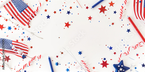 Flat Lay of Fourth of July Decorations on White Background with Copy Space - Eye-Catching Banners with Space for Text - American Flag Decorations - Patriotic Flat Lay - Red White Blue 