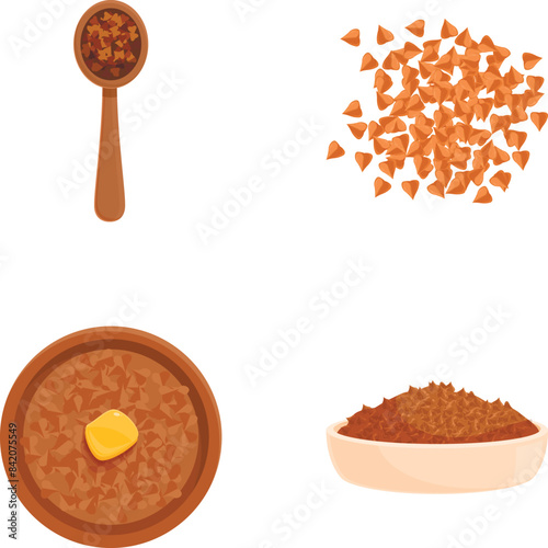 Assorted buckwheat food illustrations in vector format for healthy. Glutenfree. And vegetarian breakfast and meal design. Featuring raw and cooked grain. Groats. Porridge. Kasha