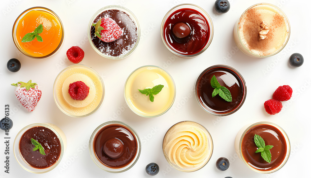 Set of tasty pudding isolated on white, top view Set of tasty pudding isolated on white, top view