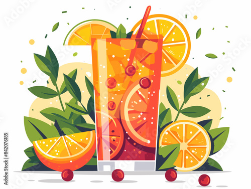 A glass of orange juice with a straw in it and a bunch of oranges on the table. The image has a bright and cheerful mood, with the oranges and the glass of juice creating a sense of freshness
