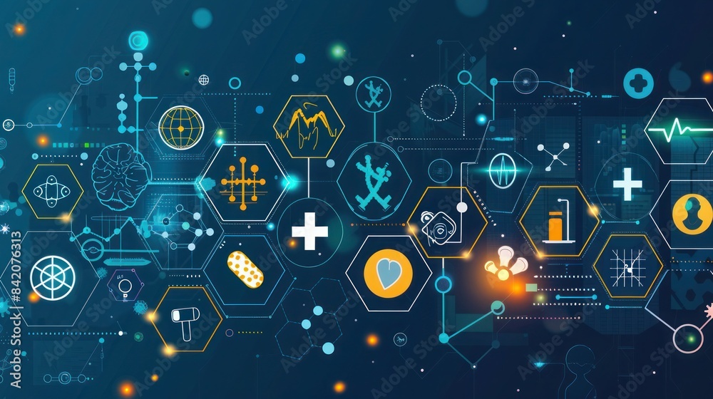 Abstract medical, technology, innovation medicine, health, science and research background with icons and symbols Abstract medical, technology, innovation medicine, health, science and research background with icons and symbols