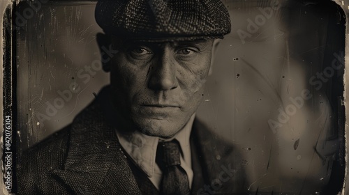 Photo of an enigmatic English gangster from the 1920s wearing a flat cap on an antique wet plate