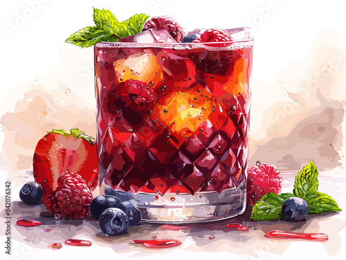 A glass of red drink with strawberries and blueberries. The drink is garnished with mint leaves