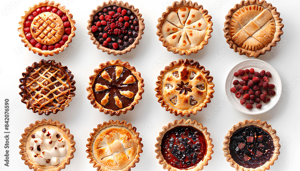 Set of different tasty pies on white background, top view Set of different tasty pies on white background, top view