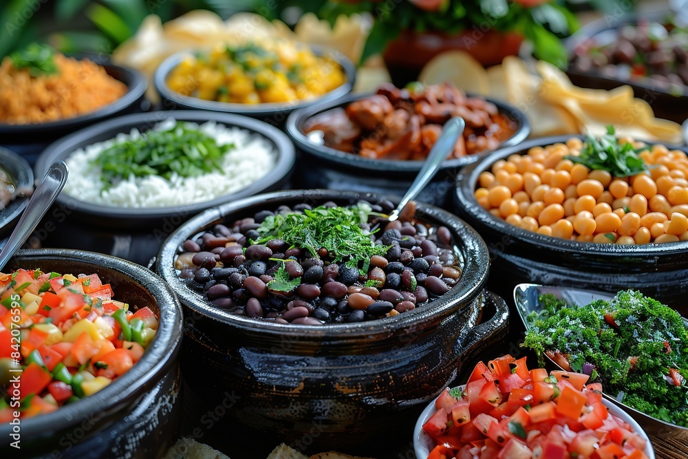 A closeup of Brazilian food in pots, including black beans and rice with meat on top A closeup of Brazilian food in pots, including black beans and rice with meat on top