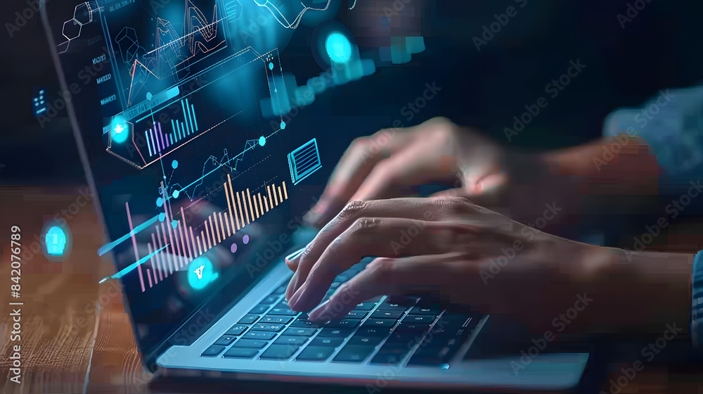 A person typing on their laptop with digital graphs and charts floating above it. representing the use of AI for data analysis in business strategy development A person typing on their laptop with digital graphs and charts floating above it. representing the use of AI for data analysis in business strategy development