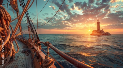 Deck view from a sailing ship with beautiful seascape and lighthouse at sunset.
