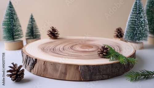 wooden eco rustic pine tree wood circle disc platform podium on light beige background minimal empty display product presentation scene photo