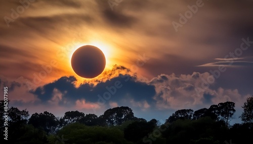 annular eclipse also called ring of fire through dark clouds in san antonio texas photo