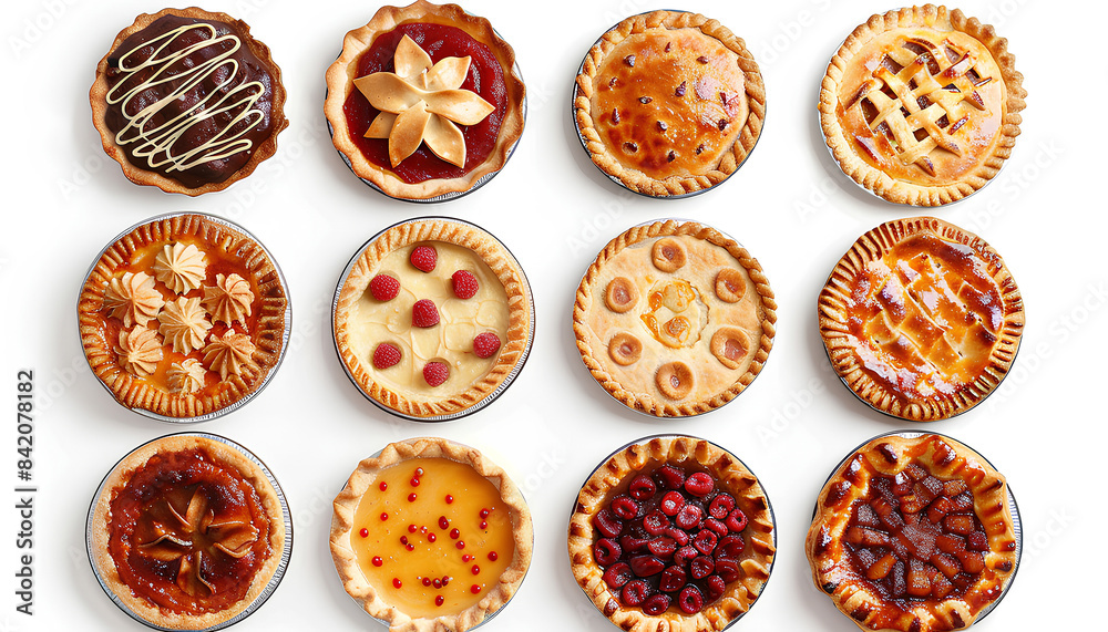 Set of different tasty pies on white background, top view Set of different tasty pies on white background, top view
