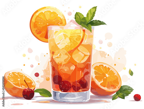 A glass of orange juice with a cherry on top and a few slices of orange. The image has a bright and cheerful mood, with the orange juice and fruit creating a sense of freshness and vitality