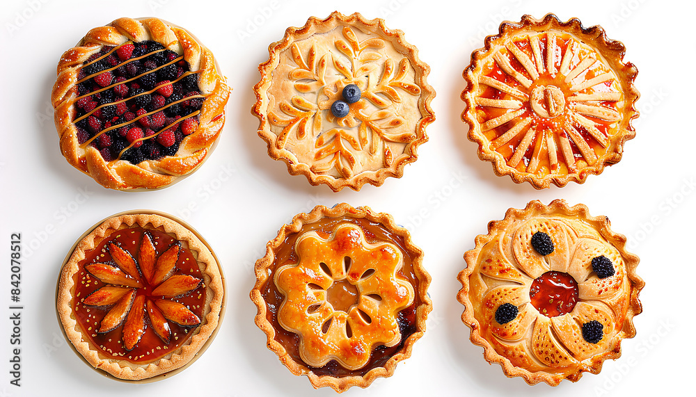 Set of different tasty pies on white background, top view Set of different tasty pies on white background, top view