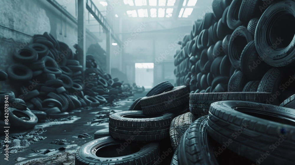 Obraz premium Car tire stockpile in factory storage for waste management and rubber production