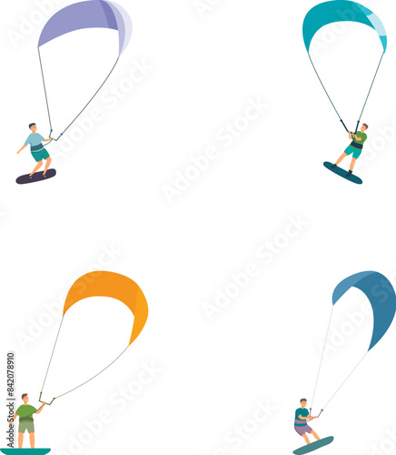 Vector set of kiteboarders with vibrant parachutes demonstrating dynamic water sports
