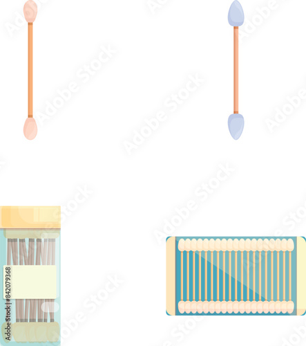 Colorful illustration of two types of cotton swabs and two matchbookstyle ear cleaning stick packs