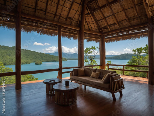 Serene ambiance in an ecolodge hotel interior with breathtaking lake views  harmonizing with the natural surroundings.