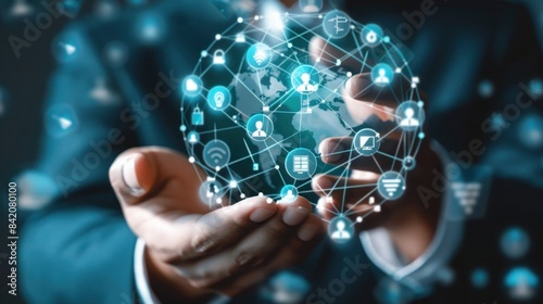  Global network connection concept of global business with businessman hand holding global customer network technology