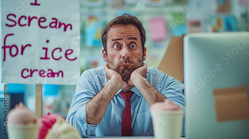 An overworked, stressed man in an office, yearning for relief, finds solace in the simple pleasure of ice cream, a fleeting moment of respite