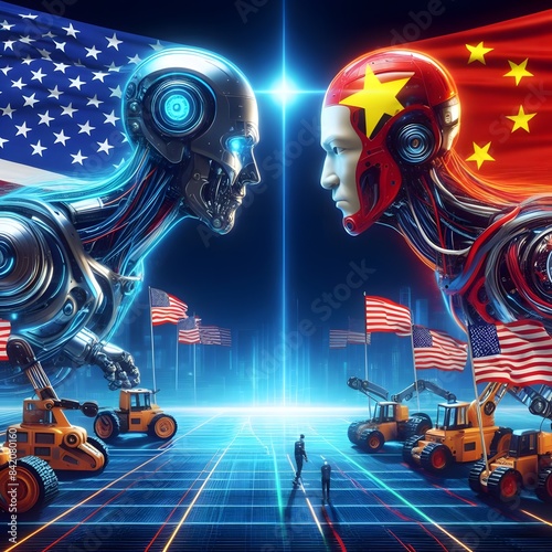 Robotics and technology competition between America and China. Generative AI illustration.	
